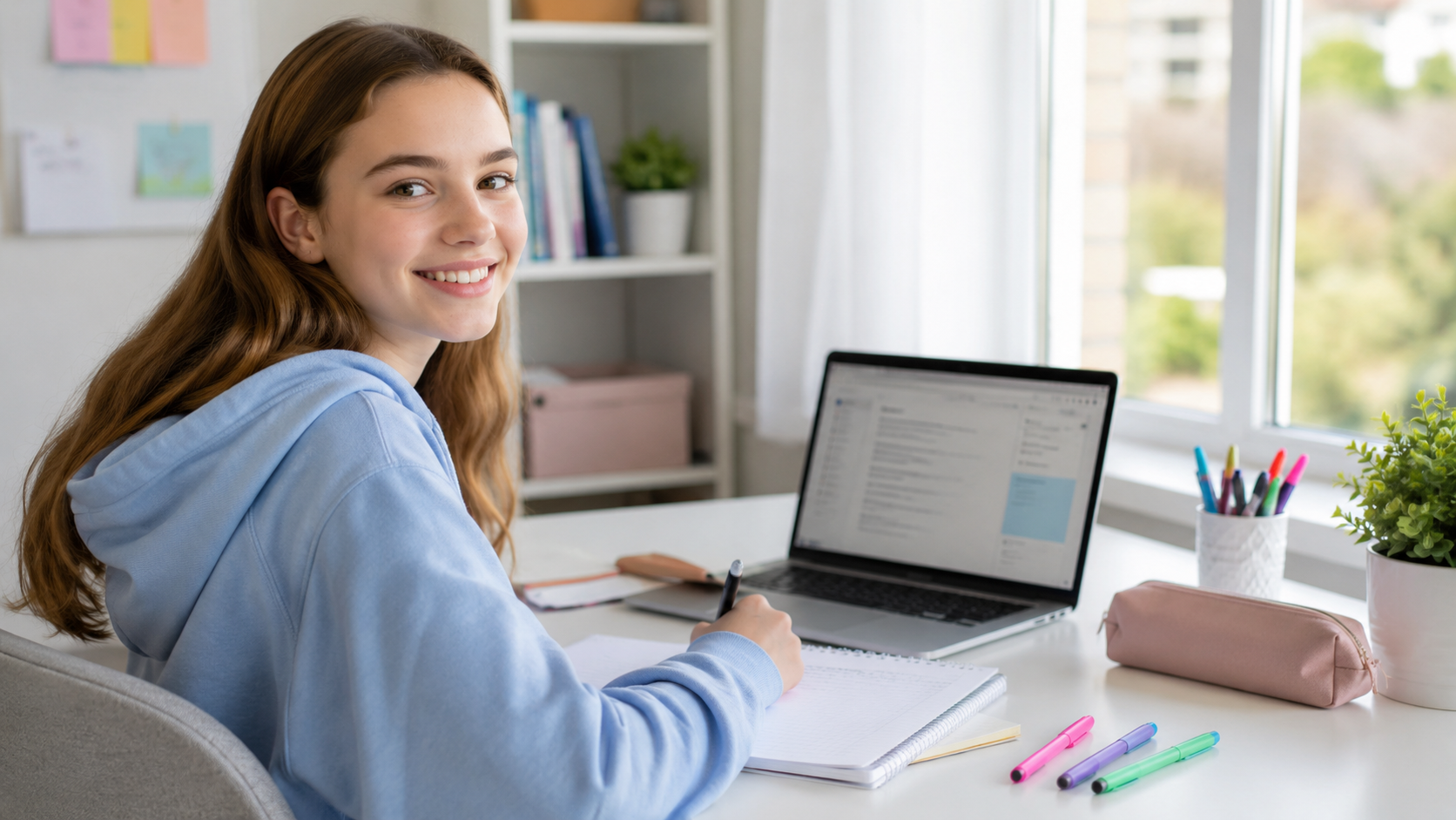 Student smiling at a desk while studying with a laptop and notebook