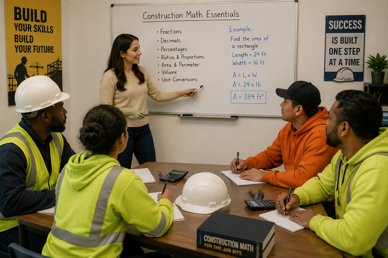 Instructor teaching construction math essentials to adult learners in a classroom